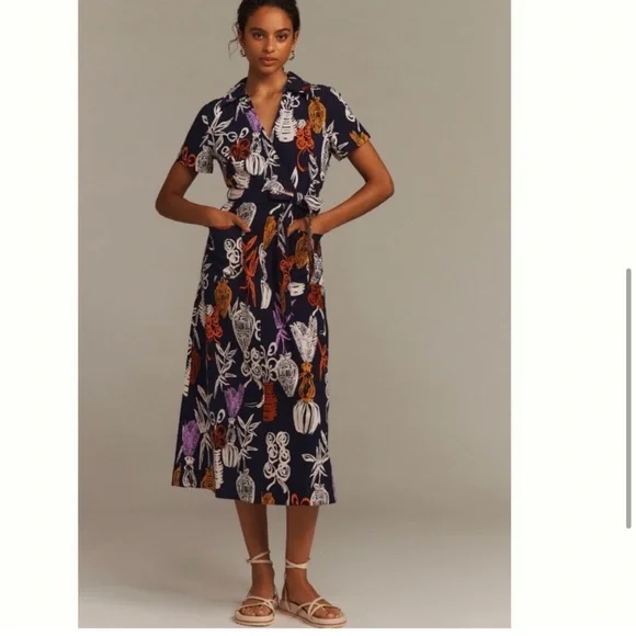 NWT Anthropologie Maeve Short-Sleeve Linen Tie-Waist Midi Dress XS - Picture 6 of 17